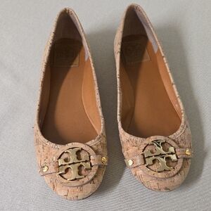 Tory Burch Cork Tan Flats with Gold Logo